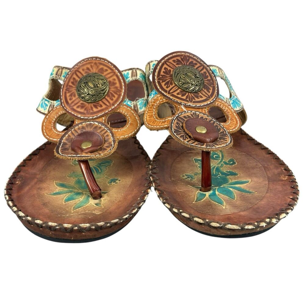 Elite By Corkys Antiqua Women's Floral Slip On Sandal Sz 10 Brown Leather